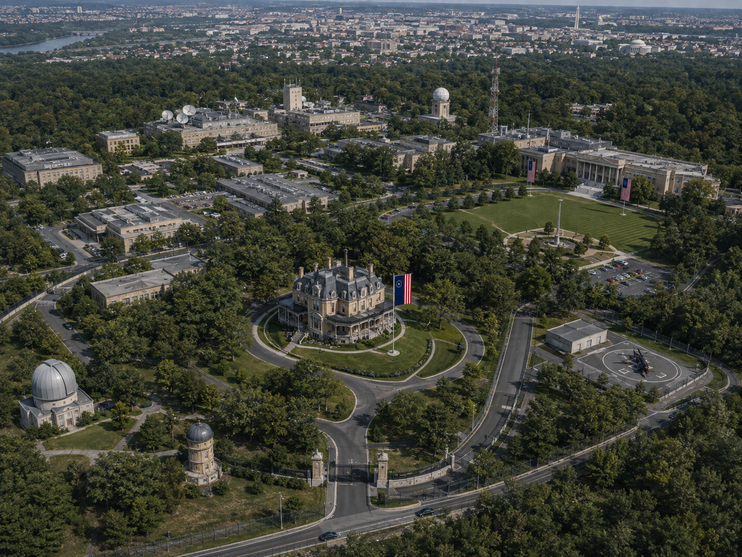 Luftansicht der Meridian Defense Reserve im Jahr 2026; One Meridian Circle befindet sich im vorderen Teil des Geländes